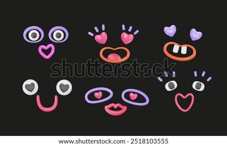 3d plastic whimsical faces in love. Eyes with hearts, lips, smile. Wondering emoji, cheerful emotion. Doodle creative characters. Vector illustration. Romantic elements for Valentine's Day designs.