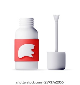 3D Plastic white bottle with stationery corrector isolated. Render correction fluid in container with brush. Tools for education and work. Stationery and office supply. Vector illustration