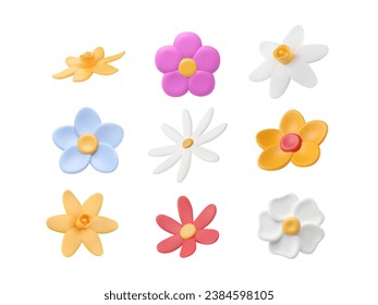 3d plasticine flowers buds set. Narcissus render, cartoon chamomile, decorative floral clay elements. Vector illustration. Simple volumetric children's crafts. Sculpted garden graphics