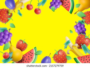 3d Plasticine Fruit and Berry Summer Concept Poster Card Background on a Yellow Empty Place for Text. Vector illustration