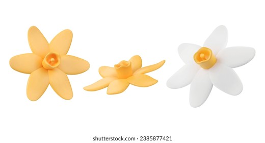 3d plasticine narcissus buds set. Daffodil flower render, decorative floral elements in clay material. Vector illustration in plastic style. Simple volumetric crafts. Isolated objects