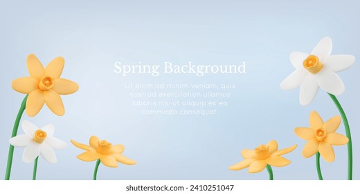 3d plasticine narcissus in white and yellow colors. Gradient blue background. Vector illustration with spring flowers render. Horizontal banner template with copy space. Cartoon garden bloom.
