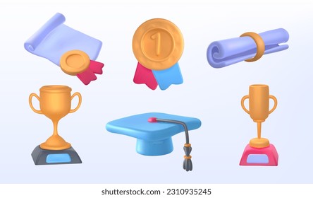 3d plasticine realism award icon set. Medals cups certificates graduate hat. Prizes in sports, student diplomas. Colored websites volumetric stickers. 3d vector collection isolated on white background