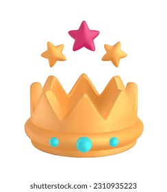 Icono de premio de oro. Corona volumétrica de color con estrellas de clasificación y piedras preciosas. Recompensa por alcanzar niveles en juego online. Recompensa por el ganador. 3.ª ilustración vectorial aislada en fondo blanco