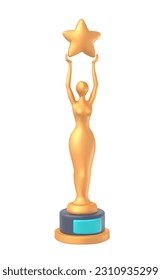 3d plasticine realism golden award icon. Bright voluminous statuette, movie ceremony reward. Social media, apps sticker. Prize, rank for winner. 3d vector illustration isolated on white background