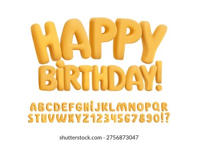 3D plasticine rubber font, inflatable balloon effect. Glossy yellow golden candy bubble letters. Chubby festive Y2K aesthetic, birthday party poster, playful design. Children graphics, title display