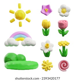 3D plasticine spring flowers, sun, rainbow and lawn. Vector render blossom floral design elements from dough. Clay texture beautiful tulip, chamomile, daffodil with leaves. Sculpting creation.