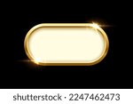 3d plate button of ellipse shape with golden frame vector illustration. Realistic isolated website element, golden glossy label for game UI, oval badge of navigation menu with light effect on border.