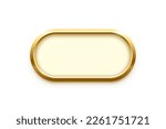 3d plate button of ellipse shape with golden frame vector illustration. Realistic isolated website element, golden glossy label for game UI, oval badge of navigation menu with light effect on border.