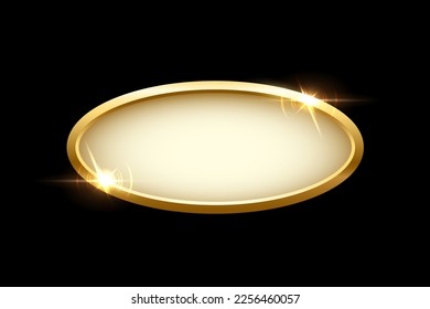 botón 3d de placa de forma elipse con ilustración vectorial de marco dorado. Elemento de sitio web aislado realista, etiqueta lustrosa dorada para la interfaz de usuario del juego, insignia oval del menú de navegación con efecto ligero en el borde.