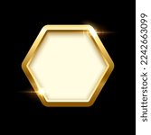3d plate button of hexagon shape with golden frame vector illustration. Realistic isolated website element, golden glossy label for game UI, badge of navigation menu with shiny light effect on border.