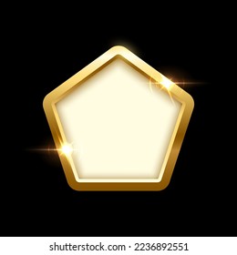 botón 3d de placa de forma pentágono con ilustración vectorial de marco dorado. Elemento de sitio web aislado realista, etiqueta lustrosa dorada para la interfaz de usuario del juego, insignia del menú de navegación con efecto luminoso brillante en la frontera