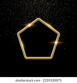 botón 3d de placa de forma pentágono con ilustración vectorial de marco dorado. Elemento de sitio web aislado realista, etiqueta lustrosa dorada para la interfaz de usuario del juego, insignia del menú de navegación con efecto luminoso brillante en la frontera