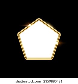 3d plate button of pentagon shape with golden frame vector illustration. Realistic isolated website element, golden glossy label for game UI, badge of navigation menu with shiny light effect border.