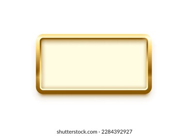 3d plate button of rectangle shape with golden frame vector illustration. Realistic isolated website element, golden glossy label for game UI, badge of navigation menu with light effect on border.