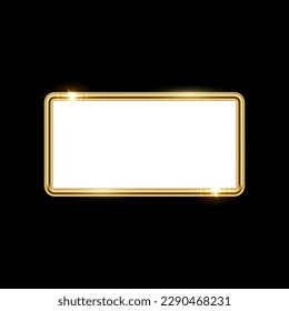 3d plate button of rectangle shape with golden frame vector illustration. Realistic isolated website element, golden glossy label for game UI, badge of navigation menu with shiny light effect border.