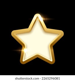 botón 3d de placa de forma estrella con ilustración vectorial de marco dorado. Elemento de sitio web aislado realista, etiqueta brillante dorada para la interfaz de usuario del juego, insignia del menú de navegación con efecto luminoso brillante en el borde.