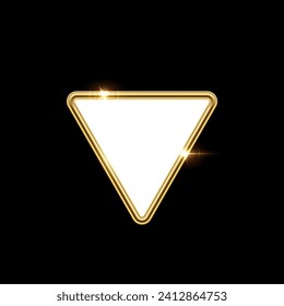 3d plate button of triangle shape with golden frame vector illustration. Realistic isolated website element, golden glossy label for game UI, badge of navigation menu with shiny light effect border.