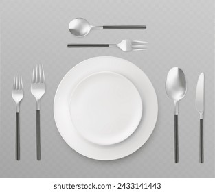 Placa 3d con vista superior de cubiertos. Conjunto de ilustración vectorial realista de vajilla de cocina o restaurante - dos platos de porcelana blanca, cuchillo, tenedores y cucharas para diferentes alimentos. Montaje de vajilla.