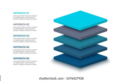 3d plates with 5 segments or layers. Modern infographic design template. Vector illustration for presentation. Concept of five stages of hierarchy.