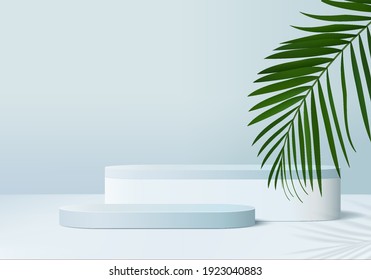 3d platform background products display podium scene with palm leaf geometric platform. background display 3d rendering with podium. stand to show cosmetic products. Stage on pedestal display blue 3d