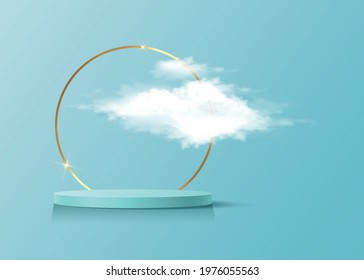 3d platform studio display minimal scene, gold round frame and fluffy cloud. Studio blue pedestal floor. Luxury Stage showcase platform modern. Fashion platform to show product light blue background 