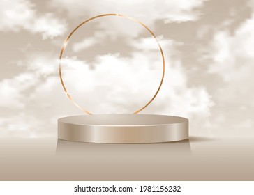 3d platform studio display minimal scene, gold round frame and fluffy clouds sky. Studio pedestal floor. Luxury Stage showcase platform modern. Fashion platform to show product beige background