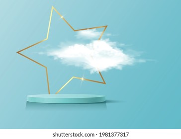 3d Platform Studio Display Minimal Scene, Gold Star Frame And Fluffy Cloud. Studio Blue Pedestal Floor. Luxury Stage Showcase Platform Modern. Fashion Platform To Show Product Light Blue Background 