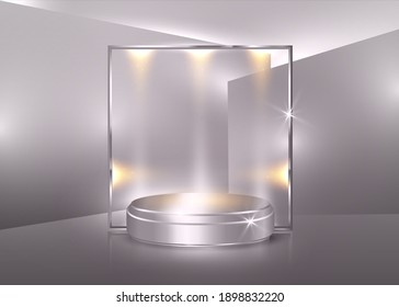 3d platform studio minimal scene with silver platform, pearl color background vector 3d luxury podium. Shiny platform to show product, spot lights.  Stage showcase blank modern platinum pedestal floor