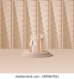 3d plataforma estudio de escena mínima con fondo geométrico y caja de regalo. Gráfica de fondo de estudio 3d podio representado. mostrar el producto. Plataforma de exhibición moderna 3d piso peatonal de color crema marrón de 3d