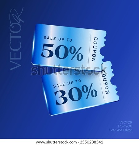3d platinum coupon flying, isolated on deep blue background. Gift voucher banner template with coupon code in 3d vector
