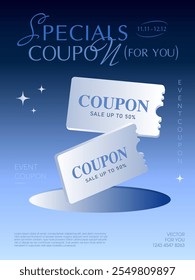 3d platinum or silver coupon flying up from a hole, isolated on gradient background. Gift voucher banner template with coupon code in 3d vector