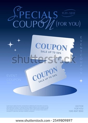 3d platinum or silver coupon flying up from a hole, isolated on gradient background. Gift voucher banner template with coupon code in 3d vector