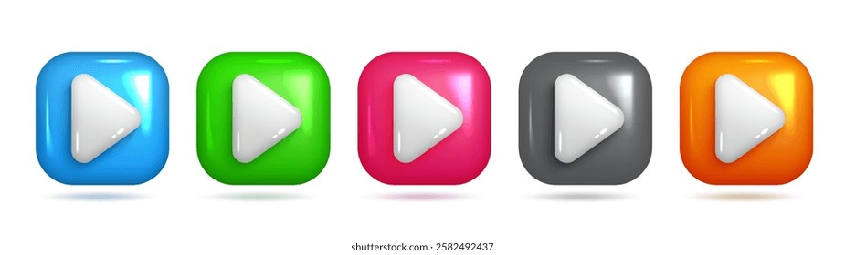 3D Play Button Icon, Square Frame, Colorful Design