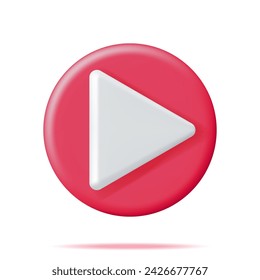 3D Play Button Isolated on White. Render Red Circle with White Triangle Inside. Simple Icon of Web Player. Social Media, Web Multimedia, Movie and Music. Video, Audio and VLOG. Vector Illustration