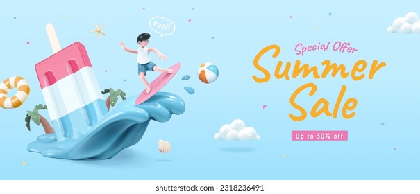 3D Playful summer sale banner template with boy surfing on melting ice pop waves. Inflatable ring, starfish, beach ball, seashell and cloud decor floating around on light blue background.