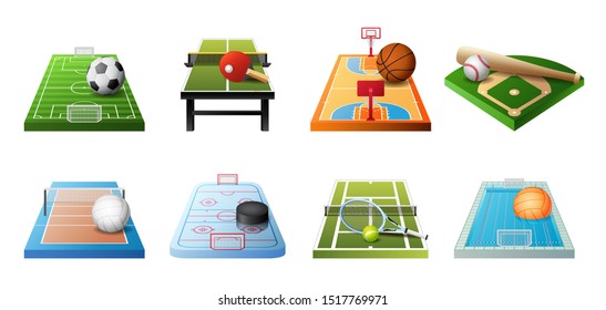 3d playgrounds for different kinds of sports icon set isolated on white background, soccer, table tennis, basketball, baseball, volleyball, hockey, water polo, vector illustration