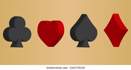 3D Playing Cards And Poker Spade, Heart, Club, Diamond Suit  With Golden Background