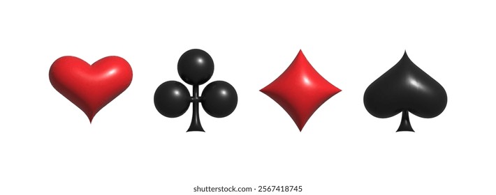 3D Playing cards suit. Volume 3d icons of playing card suits - spade, diamond, club and heart. Design for casino, poker or gaming websites and applications. Vector illustration.