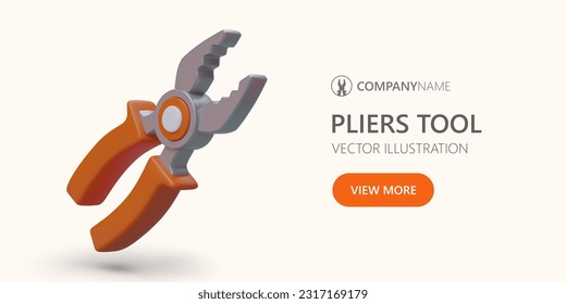 3D pliers on advertising banner. Template for repair service. Vector color concept for tool maker. Modern web design, transition to landing page. Hand tool