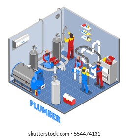 3d plumber people composition in isometric style in uniform work in the basement vector illustration