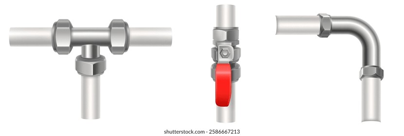 3d plumbing pipe connectors set - metallic tee joint, straight valve with red handle, bent fitting with hex nuts. Professional water supply equipment. Construction elements for bathroom and kitchen.