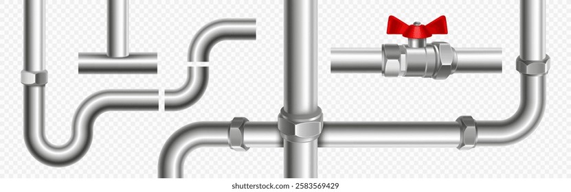 3d plumbing pipe system with metal tubes, connections and red valve. Silver industrial pipeline fragments with curved sections, joints, nut. Realistic metallic construction for engineering or sanitary