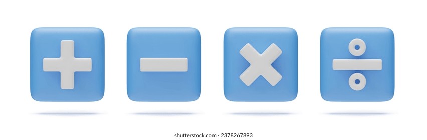 3d plus, minus, multiplizieren und teilen blauen Tasten gesetzt. Mathematische Bildungssymbole für Web, App, Infografik. Mathe-Operationen realistische Vektorgrafik einzeln