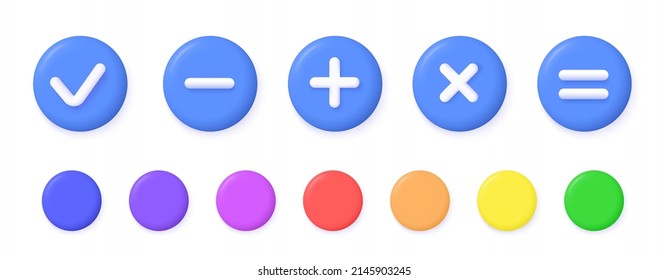 3d plus, minus, multiply, equal, check mark vector icons on white background.