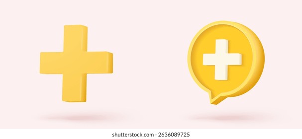 3d plus sign icon on speech bubble .First aid and health care with minimal. Medical symbol of emergency help. Hospital and medical diagnostics. 3d assistance icon vector render illustration