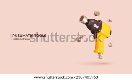 3D Pneumatic Tool Concept. Realistic 3d design of Pneumatic Screwdriver in cartoon minimal style. 3D Vector illustration.
