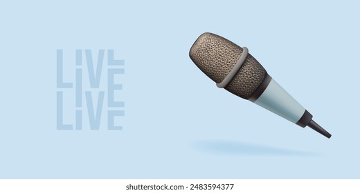 3d podcast icon. Radio live sound microphone vector illustration. Audio music mic, studio interview or voice digital recording realistic render. Studio condenser portable cardioid professional mike.