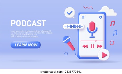 Página de inicio de podcast 3D. Interesantes archivos de contenido y audio. Jugador para escuchar música y canciones favoritas, lista de reproducción. Afiche o cartel para el sitio web. Ilustración vectorial isométrica de dibujos animados