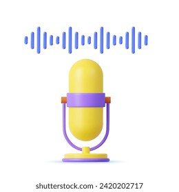 3d Podcast microphone on stand and audio wave, audio equipment icon. Professional equipment for audio broadcasts and interviews. 3d rendering. Vector illustration